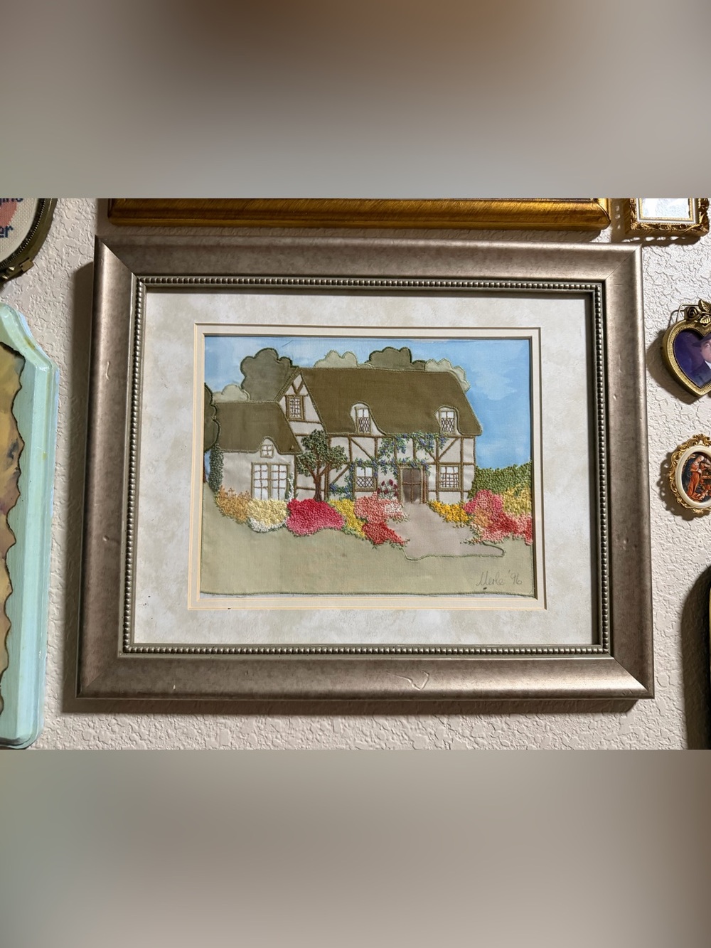Signed Textile Art “House with Khaki Roof” by Merle Eintracht (16.5”x13.5”)